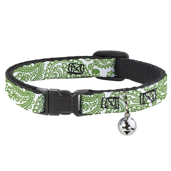 Buckle-Down Breakaway Cat Collar With Bell, Plastic Clip, Easy Adjustable, Bandana Skulls White Irish Green, 8.5 to 12 Inches 0.5 Inch Wide
