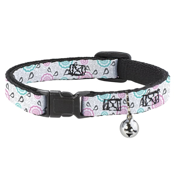 Buckle-Down Breakaway Cat Collar With Bell, Plastic Clip, Easy Adjustable, Bird Tapestry White Gray Turquoise Pink, 8.5 to 12 Inches 0.5 Inch Wide