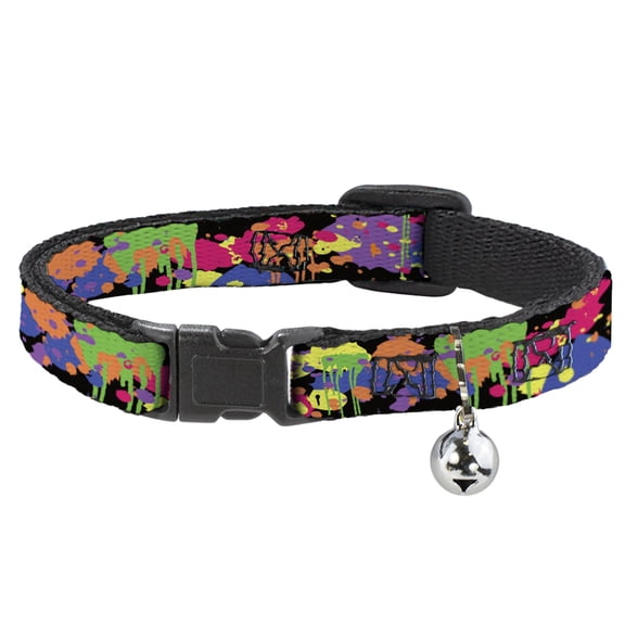 Buckle-Down Breakaway Cat Collar With Bell, Plastic Clip, Easy Adjustable, Buckle Down Paint Splatter Black Neon, 8.5 to 12 Inches 0.5 Inch Wide
