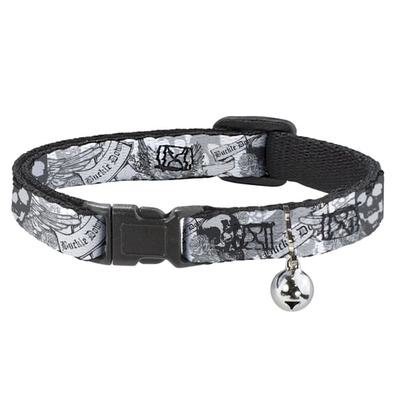 Buckle-Down Breakaway Cat Collar With Bell, Plastic Clip, Easy Adjustable, Buckle Down Skull Roses, 8.5 to 12 Inches 0.5 Inch Wide