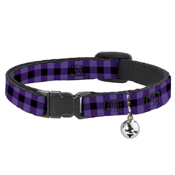 Buckle-Down Breakaway Cat Collar With Bell, Plastic Clip, Easy Adjustable, Buffalo Plaid Black Purple, 8.5 to 12 Inches 0.5 Inch Wide
