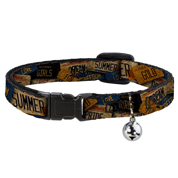 Buckle-Down Breakaway Cat Collar With Bell, Plastic Clip, Easy Adjustable, Cali License Plates Stacked Vintage, 8.5 to 12 Inches 0.5 Inch Wide