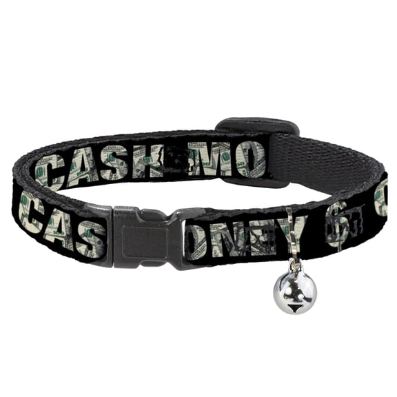 Buckle-Down Breakaway Cat Collar With Bell, Plastic Clip, Easy Adjustable, Cash Money Black Dollar Bills Fill, 8.5 to 12 Inches 0.5 Inch Wide
