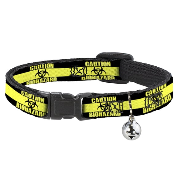 Buckle-Down Breakaway Cat Collar With Bell, Plastic Clip, Easy Adjustable, Caution Biohazard Black Yellow, 8.5 to 12 Inches 0.5 Inch Wide