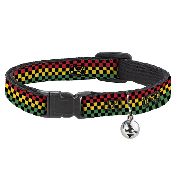 Buckle-Down Breakaway Cat Collar With Bell, Plastic Clip, Easy Adjustable, Checker Black Rasta, 8.5 to 12 Inches 0.5 Inch Wide