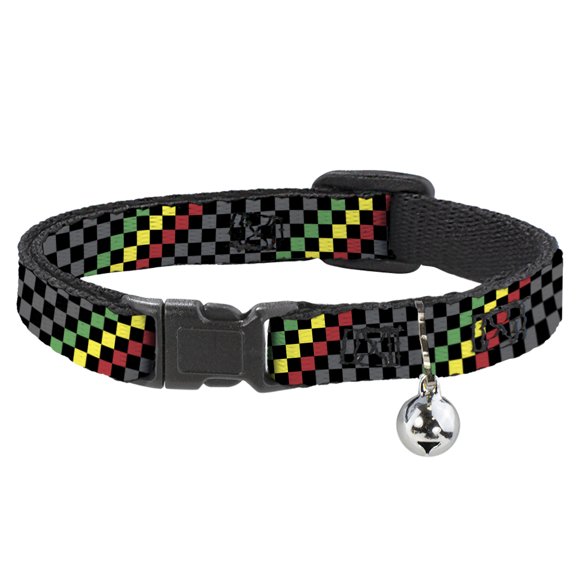 Buckle-Down Breakaway Cat Collar With Bell, Plastic Clip, Easy Adjustable, Checker Stripe Black Gray Rasta, 8.5 to 12 Inches 0.5 Inch Wide