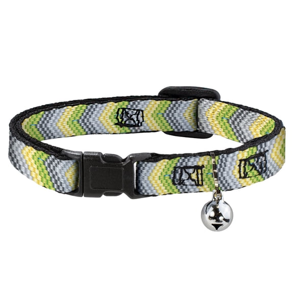 Buckle-Down Breakaway Cat Collar With Bell, Plastic Clip, Easy Adjustable, Chevron Weave Grays Yellow Green, 8.5 to 12 Inches 0.5 Inch Wide