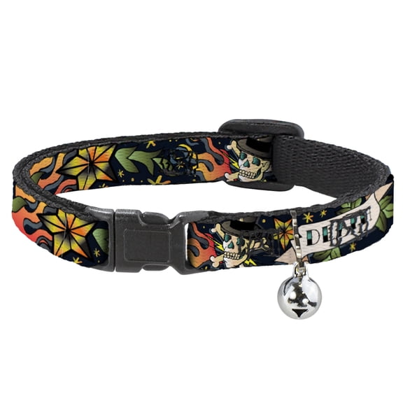 Buckle-Down Breakaway Cat Collar With Bell, Plastic Clip, Easy Adjustable, Death Or Glory Black, 8.5 to 12 Inches 0.5 Inch Wide