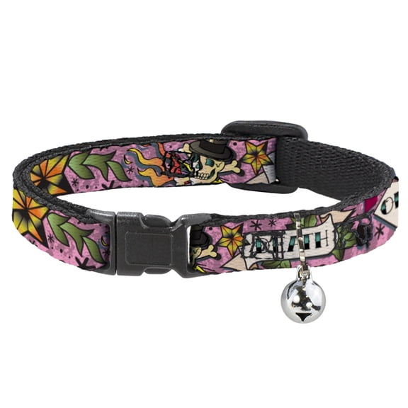 Buckle-Down Breakaway Cat Collar With Bell, Plastic Clip, Easy Adjustable, Death Or Glory Pink, 8.5 to 12 Inches 0.5 Inch Wide