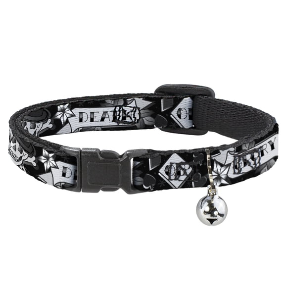 Buckle-Down Breakaway Cat Collar With Bell, Plastic Clip, Easy Adjustable, Death or Glory Black White, 8.5 to 12 Inches 0.5 Inch Wide