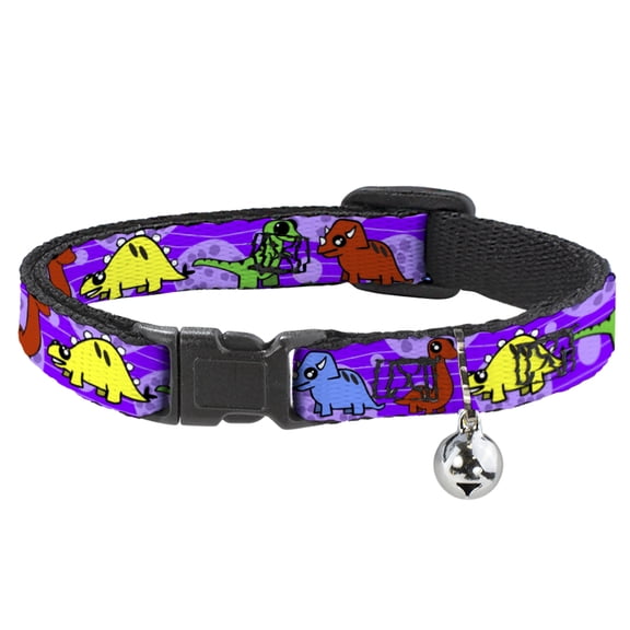 Buckle-Down Breakaway Cat Collar With Bell, Plastic Clip, Easy Adjustable, Dinosaur Cartoon, 8.5 to 12 Inches 0.5 Inch Wide