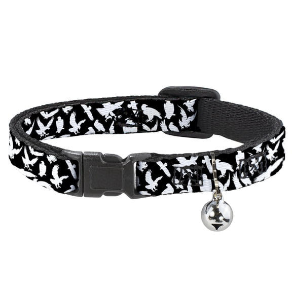 Buckle-Down Breakaway Cat Collar With Bell, Plastic Clip, Easy Adjustable, Eagle Silhouettes Scattered Black White, 8.5 to 12 Inches 0.5 Inch Wide