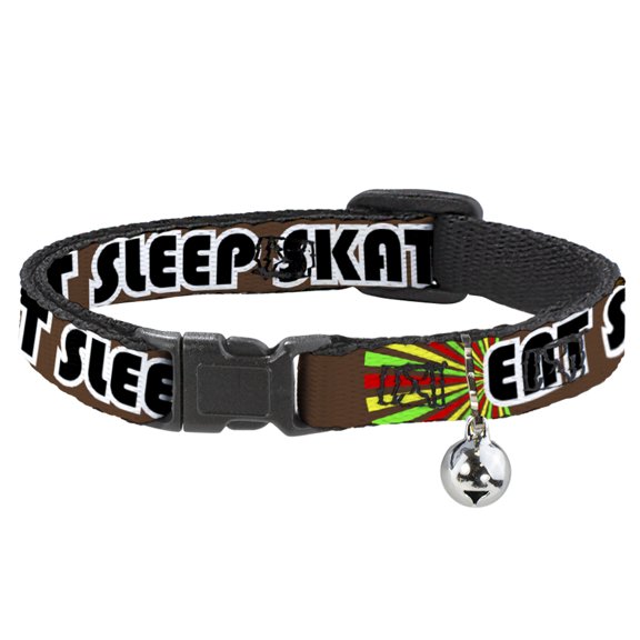 Buckle-Down Breakaway Cat Collar With Bell, Plastic Clip, Easy Adjustable, Eat Sleep Skate Brown Rasta Burst, 8.5 to 12 Inches 0.5 Inch Wide