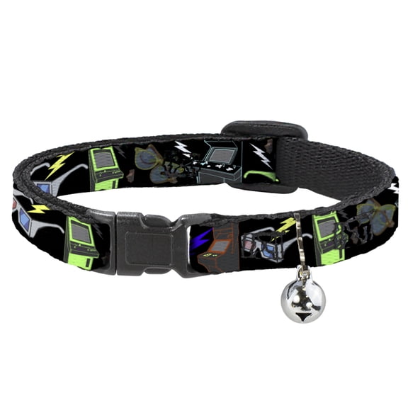Buckle-Down Breakaway Cat Collar With Bell, Plastic Clip, Easy Adjustable, Eighties Arcade Black, 8.5 to 12 Inches 0.5 Inch Wide
