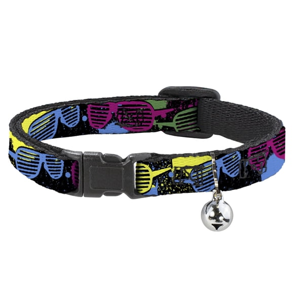 Buckle-Down Breakaway Cat Collar With Bell, Plastic Clip, Easy Adjustable, Eighties Shades Splatter Black Neon, 8.5 to 12 Inches 0.5 Inch Wide