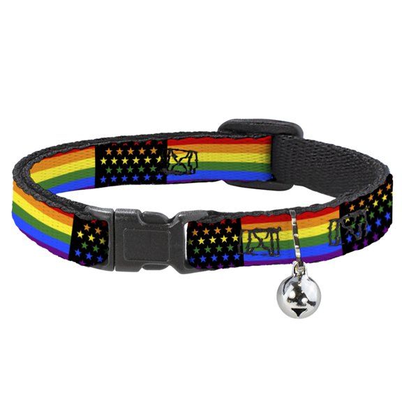 Buckle-Down Breakaway Cat Collar With Bell, Plastic Clip, Easy Adjustable, Flag American Pride Rainbow Black, 8.5 to 12 Inches 0.5 Inch Wide