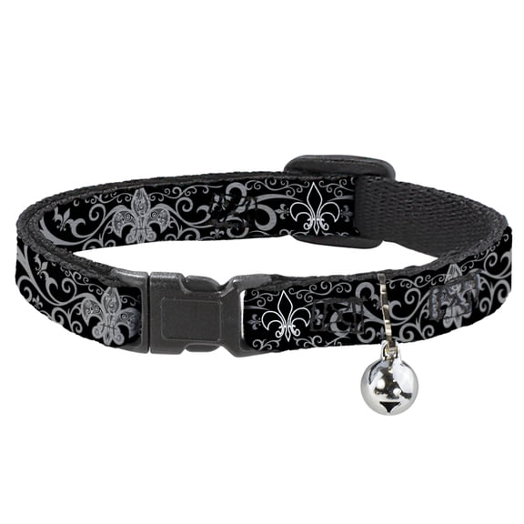 Buckle-Down Breakaway Cat Collar With Bell, Plastic Clip, Easy Adjustable, Fleur De Lis Filigree Black Gray, 8.5 to 12 Inches 0.5 Inch Wide