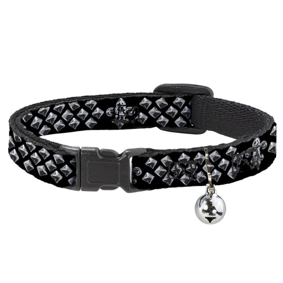 Buckle-Down Breakaway Cat Collar With Bell, Plastic Clip, Easy Adjustable, Fleur De Lis Printed Studs Black Grays, 8.5 to 12 Inches 0.5 Inch Wide