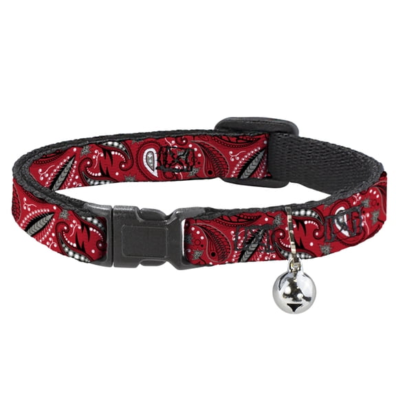 Buckle-Down Breakaway Cat Collar With Bell, Plastic Clip, Easy Adjustable, Floral Paisley Red Black Gray White, 8.5 to 12 Inches 0.5 Inch Wide