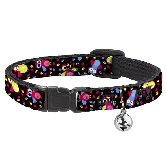 Buckle-Down Breakaway Cat Collar With Bell, Plastic Clip, Easy Adjustable, Flying Owls Leaves Black Multi Color, 8.5 to 12 Inches 0.5 Inch Wide