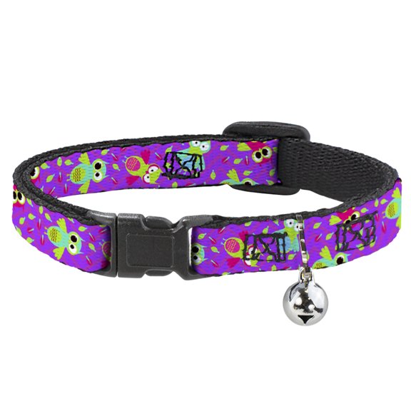 Buckle-Down Breakaway Cat Collar With Bell, Plastic Clip, Easy Adjustable, Flying Owls Leaves Purple Multi Color, 8.5 to 12 Inches 0.5 Inch Wide