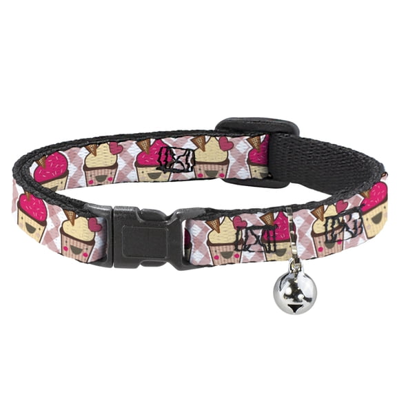 Buckle-Down Breakaway Cat Collar With Bell, Plastic Clip, Easy Adjustable, Happy Cupcakes Buffalo Plaid White Pink, 8.5 to 12 Inches 0.5 Inch Wide