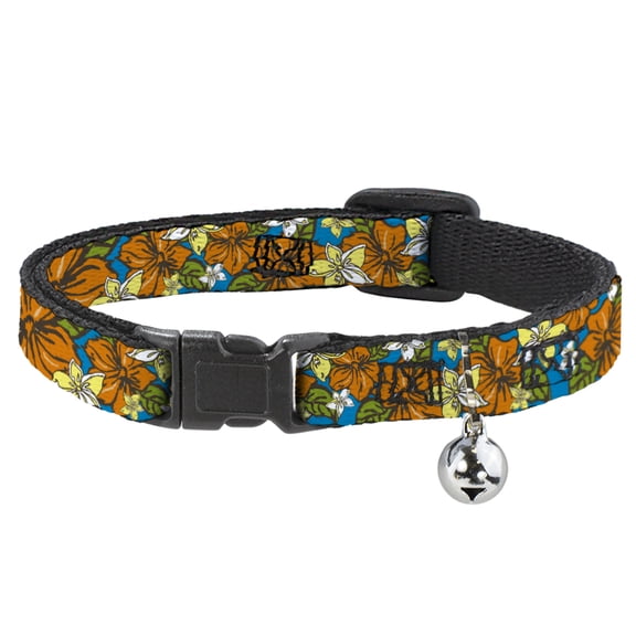 Buckle-Down Breakaway Cat Collar With Bell, Plastic Clip, Easy Adjustable, Hibiscus Collage Blue Orange Yellow, 8.5 to 12 Inches 0.5 Inch Wide