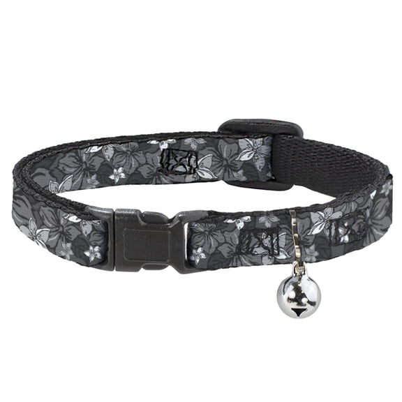 Buckle-Down Breakaway Cat Collar With Bell, Plastic Clip, Easy Adjustable, Hibiscus Collage Gray Shades, 8.5 to 12 Inches 0.5 Inch Wide