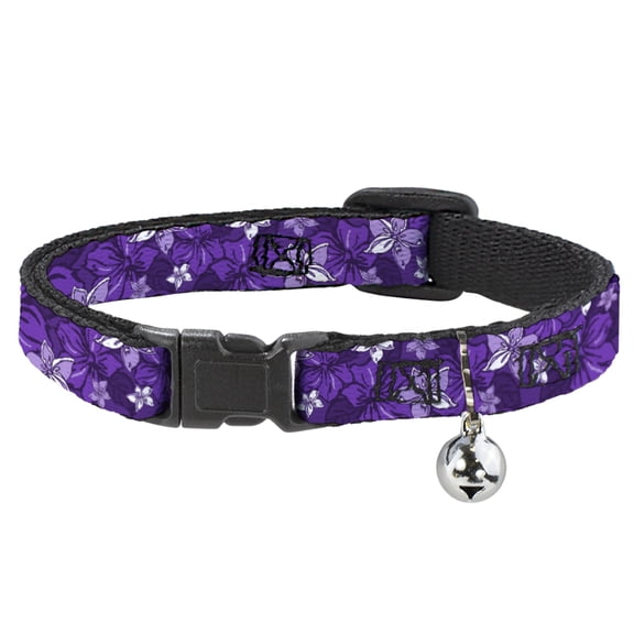 Buckle-Down Breakaway Cat Collar With Bell, Plastic Clip, Easy Adjustable, Hibiscus Collage Purple Shades, 8.5 to 12 Inches 0.5 Inch Wide
