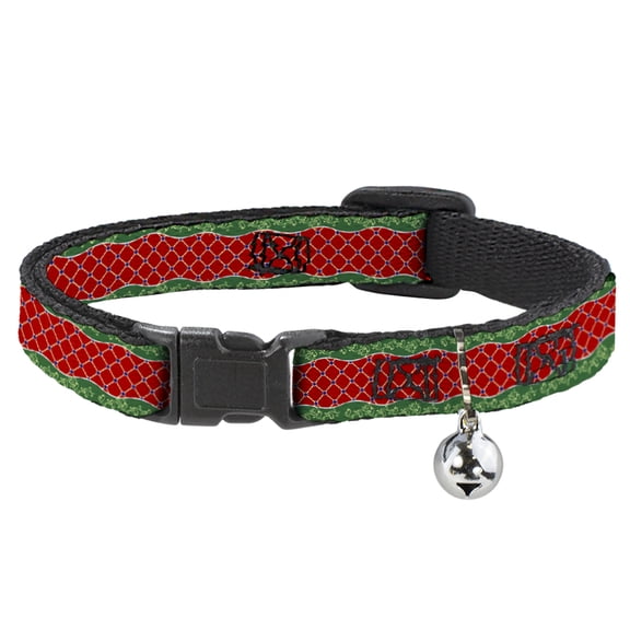 Buckle-Down Breakaway Cat Collar With Bell, Plastic Clip, Easy Adjustable, Holiday Trim Stripe Green Red, 8.5 to 12 Inches 0.5 Inch Wide