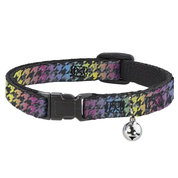Buckle-Down Breakaway Cat Collar With Bell, Plastic Clip, Easy Adjustable, Houndstooth Black Rainbow, 8.5 to 12 Inches 0.5 Inch Wide