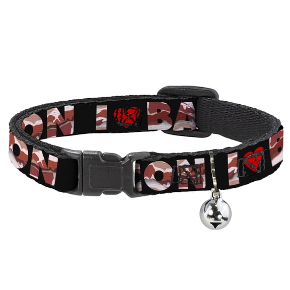 Buckle-Down Breakaway Cat Collar With Bell, Plastic Clip, Easy Adjustable, I Heart Bacon Black Bacon, 8.5 to 12 Inches 0.5 Inch Wide