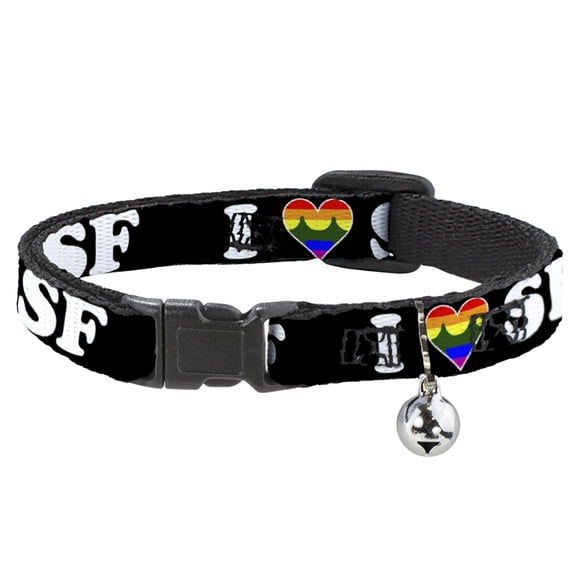 Buckle-Down Breakaway Cat Collar With Bell, Plastic Clip, Easy Adjustable, I Heart Bridge Sf Black White Rainbow, 8.5 to 12 Inches 0.5 Inch Wide