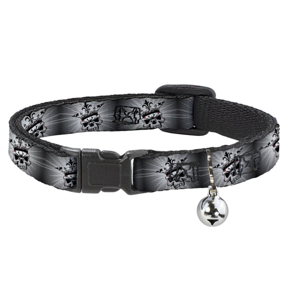 Buckle-Down Breakaway Cat Collar With Bell, Plastic Clip, Easy Adjustable, King Skull Blocks Rays Grays, 8.5 to 12 Inches 0.5 Inch Wide