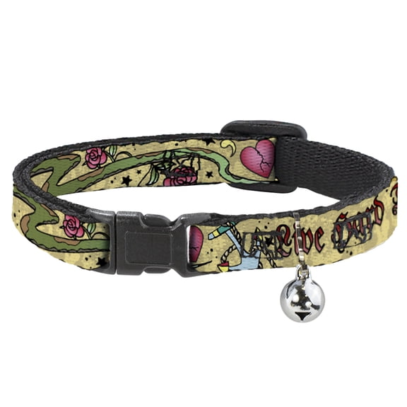 Buckle-Down Breakaway Cat Collar With Bell, Plastic Clip, Easy Adjustable, Live Hard Die Young Tan, 8.5 to 12 Inches 0.5 Inch Wide