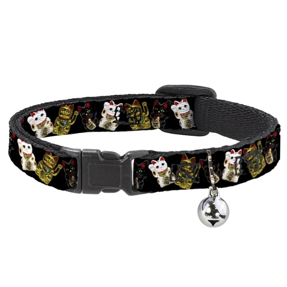 Buckle-Down Breakaway Cat Collar With Bell, Plastic Clip, Easy Adjustable, Maneki Neko Lucky Cats Gold Black White, 8.5 to 12 Inches 0.5 Inch Wide
