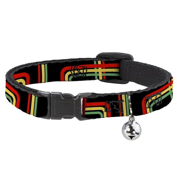 Buckle-Down Breakaway Cat Collar With Bell, Plastic Clip, Easy Adjustable, Maze Lines Black Rasta, 8.5 to 12 Inches 0.5 Inch Wide