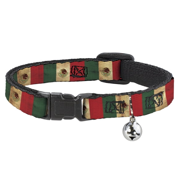Buckle-Down Breakaway Cat Collar With Bell, Plastic Clip, Easy Adjustable, Mexico Flag Continuous Vintage, 8.5 to 12 Inches 0.5 Inch Wide
