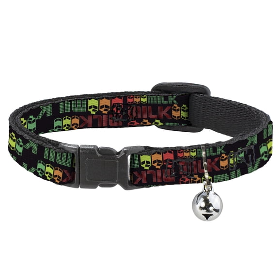 Buckle-Down Breakaway Cat Collar With Bell, Plastic Clip, Easy Adjustable, Milk Cartoons Black Multi Color, 8.5 to 12 Inches 0.5 Inch Wide