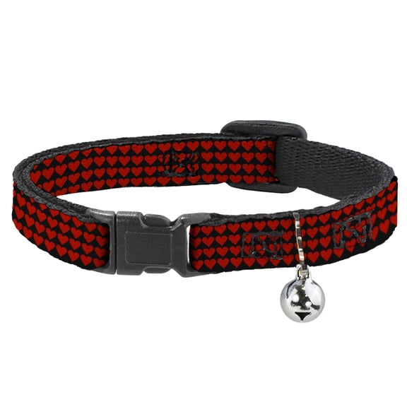 Buckle-Down Breakaway Cat Collar With Bell, Plastic Clip, Easy Adjustable, Mini Hearts Black Red, 8.5 to 12 Inches 0.5 Inch Wide