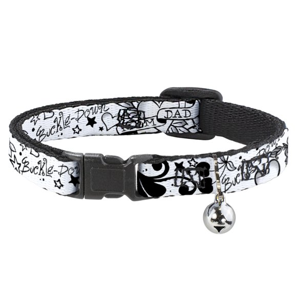 Buckle-Down Breakaway Cat Collar With Bell, Plastic Clip, Easy Adjustable, Mom Dad Black White, 8.5 to 12 Inches 0.5 Inch Wide