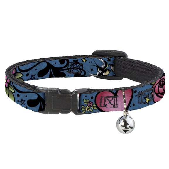 Buckle-Down Breakaway Cat Collar With Bell, Plastic Clip, Easy Adjustable, Mom Dad Close Up Blue Sparrows, 8.5 to 12 Inches 0.5 Inch Wide