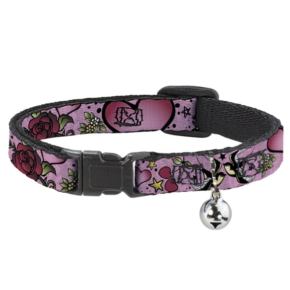 Buckle-Down Breakaway Cat Collar With Bell, Plastic Clip, Easy Adjustable, Mom Dad Close Up Pink Sparrows, 8.5 to 12 Inches 0.5 Inch Wide