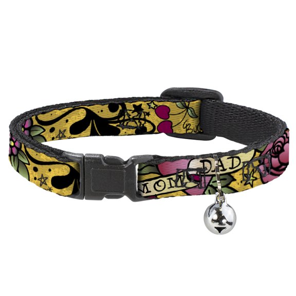 Buckle-Down Breakaway Cat Collar With Bell, Plastic Clip, Easy Adjustable, Mom Dad Yellow, 8.5 to 12 Inches 0.5 Inch Wide