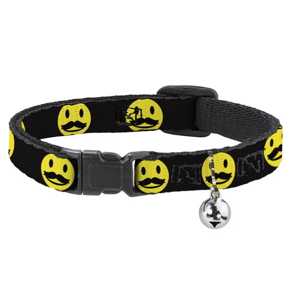 Buckle-Down Breakaway Cat Collar With Bell, Plastic Clip, Easy Adjustable, Mustache Happy Face Black Yellow Black, 8.5 to 12 Inches 0.5 Inch Wide