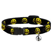Buckle-Down Breakaway Cat Collar With Bell, Plastic Clip, Easy Adjustable, Mustache Happy Face Black Yellow Brown, 8.5 to 12 Inches 0.5 Inch Wide