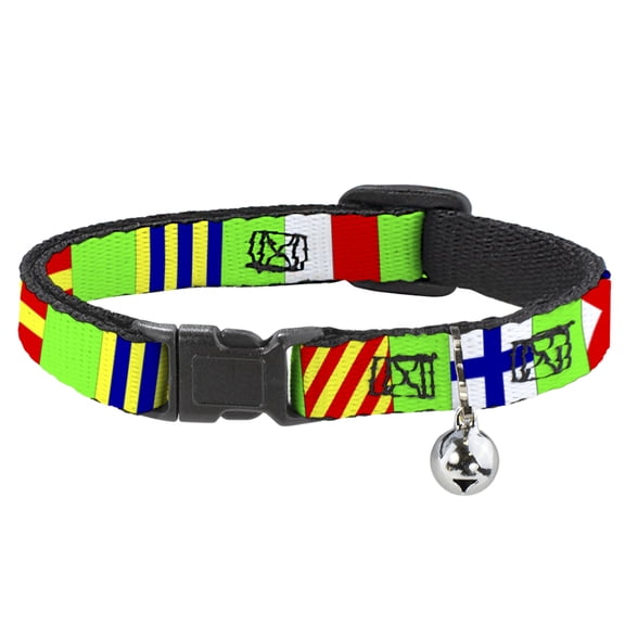 Buckle-Down Breakaway Cat Collar With Bell, Plastic Clip, Easy Adjustable, Nautical Flags Green Multi Color, 8.5 to 12 Inches 0.5 Inch Wide