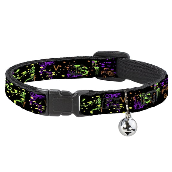 Buckle-Down Breakaway Cat Collar With Bell, Plastic Clip, Easy Adjustable, Nautical Star Splatter Black Neon, 8.5 to 12 Inches 0.5 Inch Wide