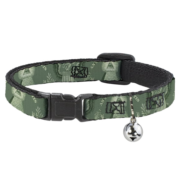Buckle-Down Breakaway Cat Collar With Bell, Plastic Clip, Easy Adjustable, One Dollar Bill Pyramid Bald Eagle, 8.5 to 12 Inches 0.5 Inch Wide