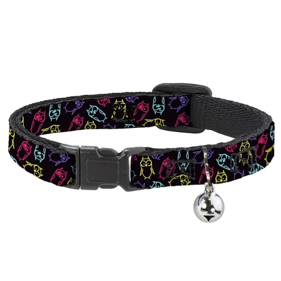 Buckle-Down Breakaway Cat Collar With Bell, Plastic Clip, Easy Adjustable, Owl Sketch Black Multi Color, 8.5 to 12 Inches 0.5 Inch Wide